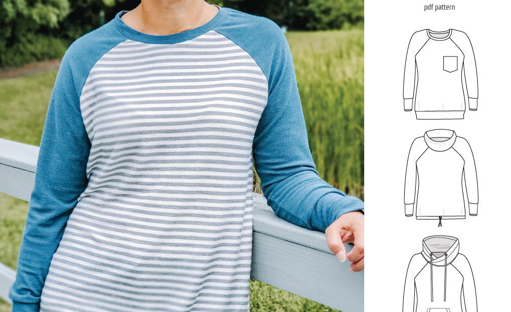 PDF sewing pattern Raglan sweatshirt sweater hoodie for women with kangaroo pocket, hood, cowl and drawstrings