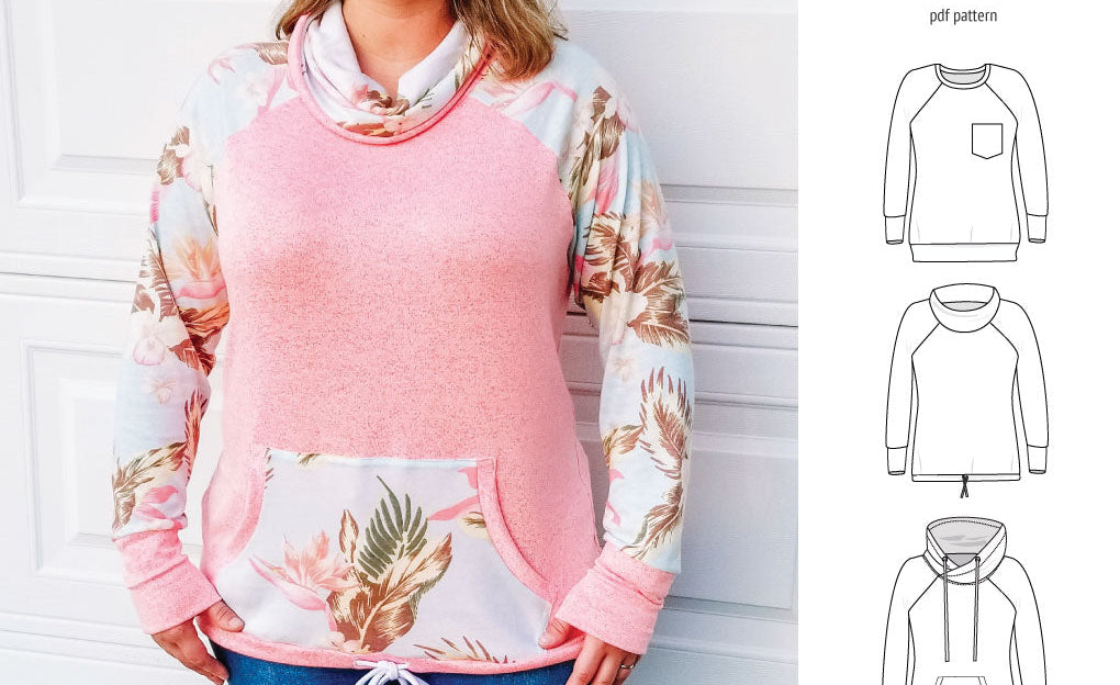 PDF sewing pattern Raglan sweatshirt sweater hoodie for women with kangaroo pocket, hood, cowl and drawstrings