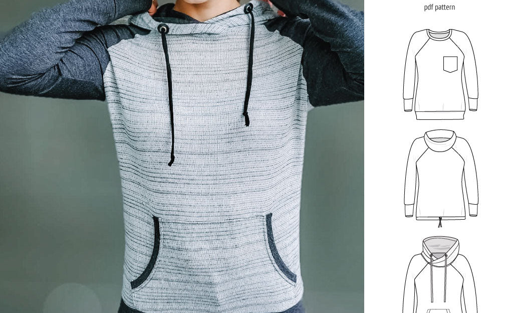 PDF sewing pattern Raglan sweatshirt sweater hoodie for women with kangaroo pocket, hood, cowl and drawstrings