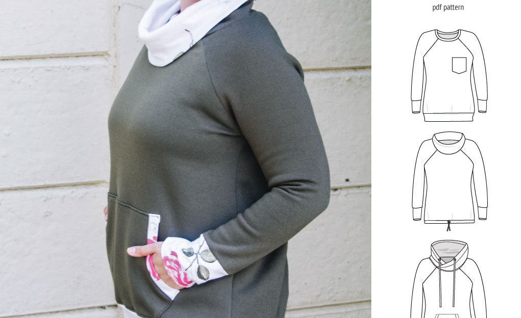 PDF sewing pattern Raglan sweatshirt sweater hoodie for women with kangaroo pocket, hood, cowl and drawstrings