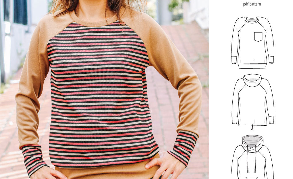 PDF sewing pattern Raglan sweatshirt sweater hoodie for women with kangaroo pocket, hood, cowl and drawstrings