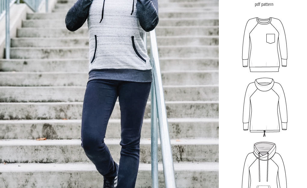 PDF sewing pattern Raglan sweatshirt sweater hoodie for women with kangaroo pocket, hood, cowl and drawstrings