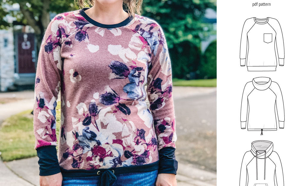 PDF sewing pattern Raglan sweatshirt sweater hoodie for women with kangaroo pocket, hood, cowl and drawstrings