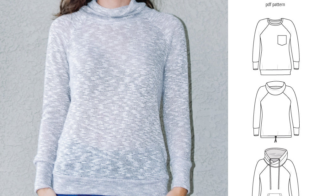 PDF sewing pattern Raglan sweatshirt sweater hoodie for women with kangaroo pocket, hood, cowl and drawstrings