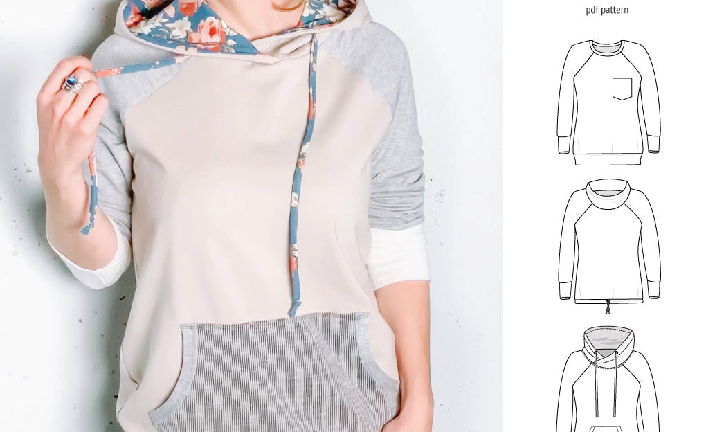 PDF sewing pattern Raglan sweatshirt sweater hoodie for women with kangaroo pocket, hood, cowl and drawstrings
