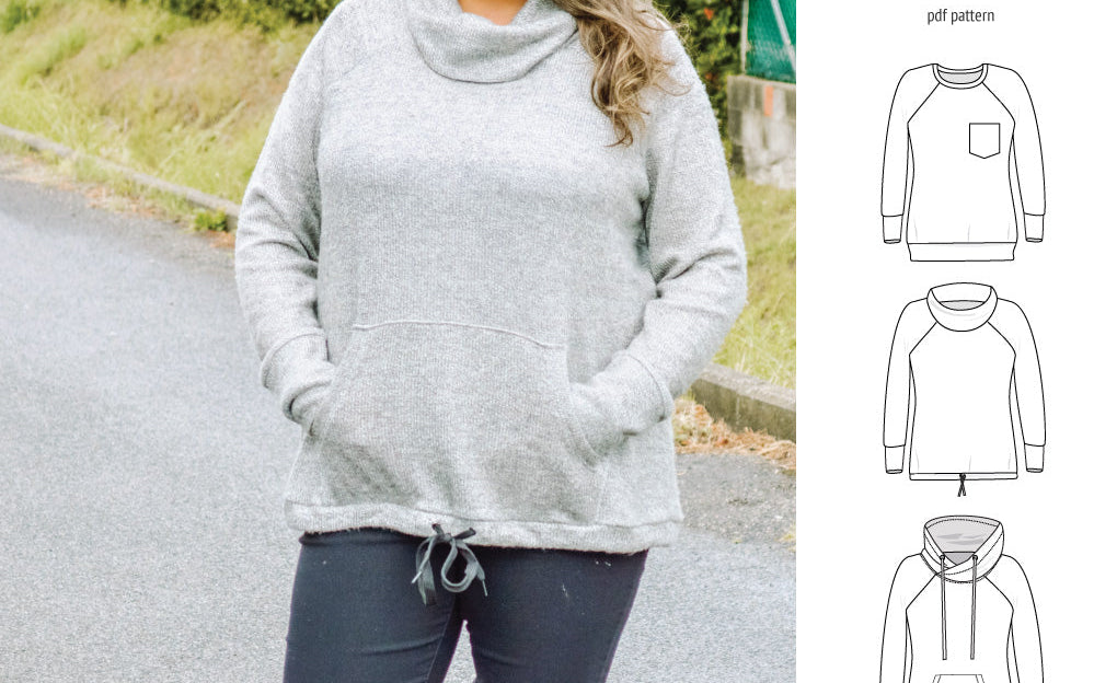 PDF sewing pattern Raglan sweatshirt sweater hoodie for women with kangaroo pocket, hood, cowl and drawstrings