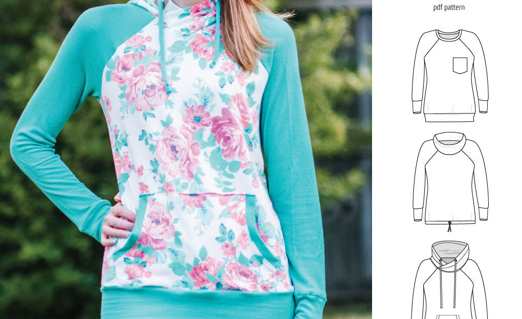 PDF sewing pattern Raglan sweatshirt sweater hoodie for women with kangaroo pocket, hood, cowl and drawstrings