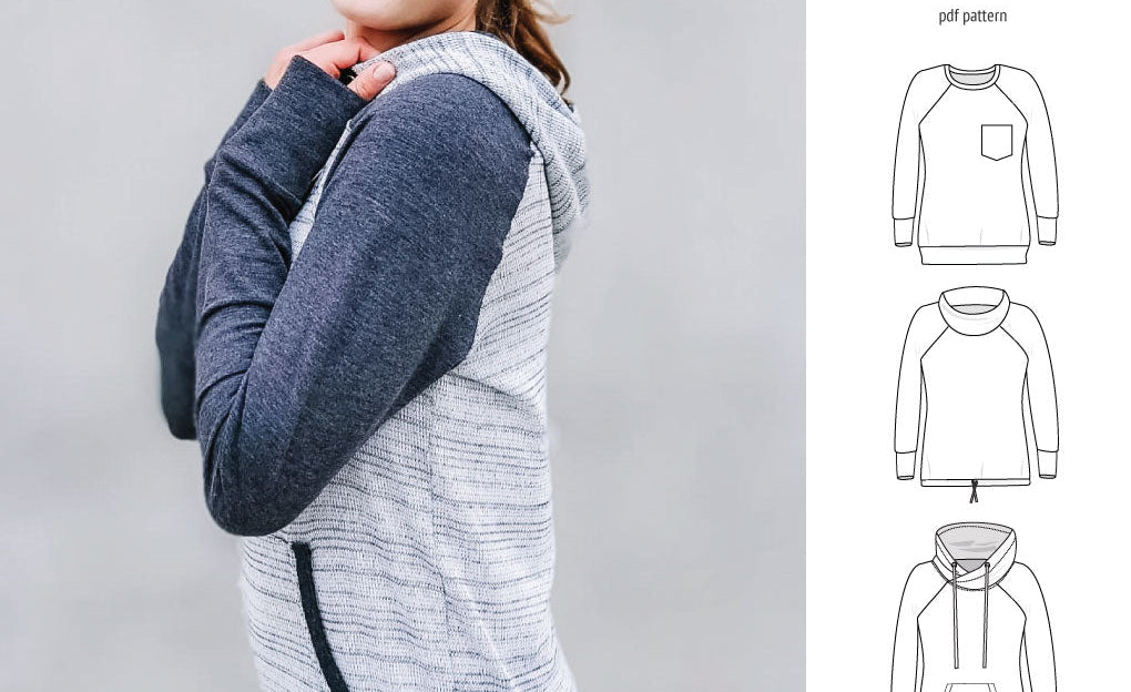 PDF sewing pattern Raglan sweatshirt sweater hoodie for women with kangaroo pocket, hood, cowl and drawstrings