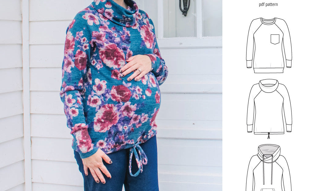PDF sewing pattern Raglan sweatshirt sweater hoodie for women with kangaroo pocket, hood, cowl and drawstrings
