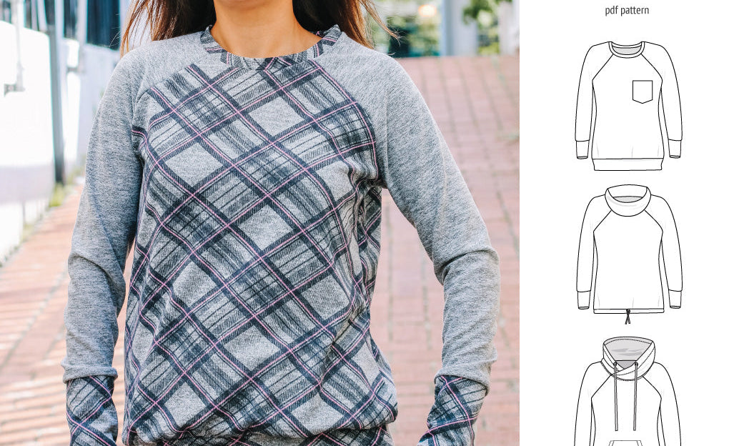 PDF sewing pattern Raglan sweatshirt sweater hoodie for women with kangaroo pocket, hood, cowl and drawstrings