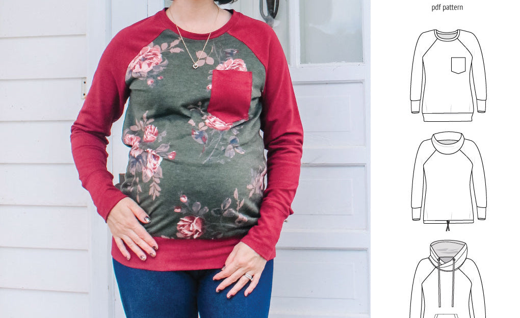 PDF sewing pattern Raglan sweatshirt sweater hoodie for women with kangaroo pocket, hood, cowl and drawstrings