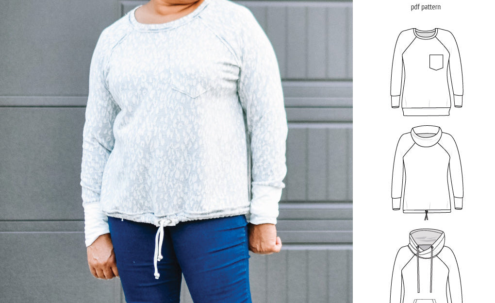 PDF sewing pattern Raglan sweatshirt sweater hoodie for women with kangaroo pocket, hood, cowl and drawstrings