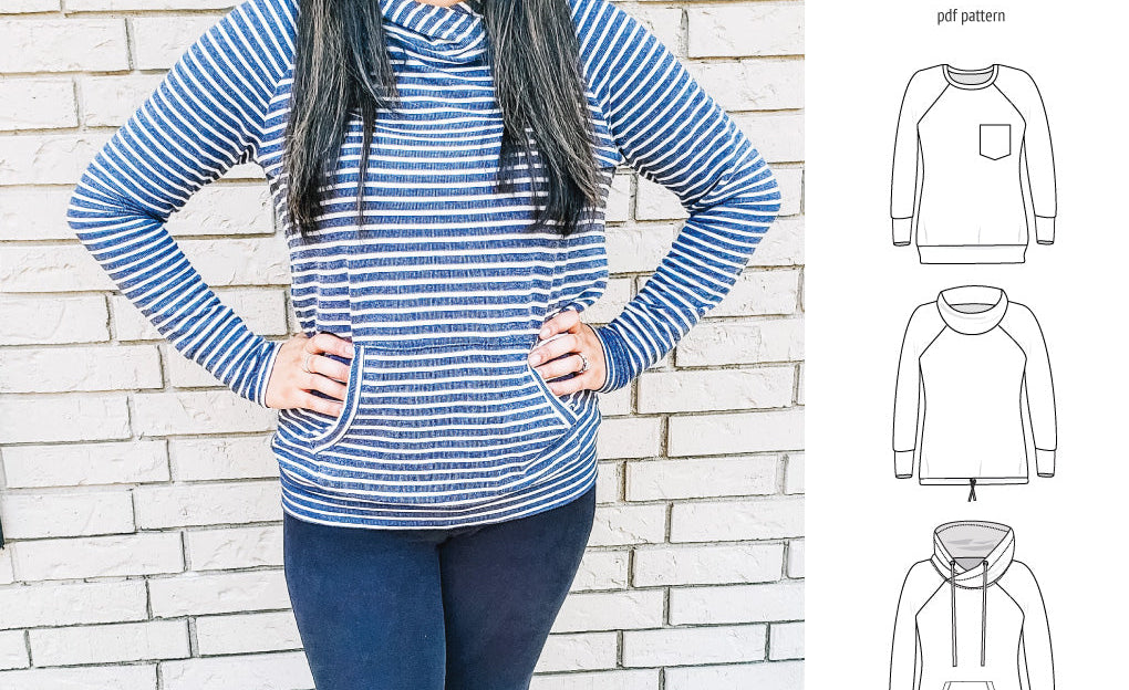 PDF sewing pattern Raglan sweatshirt sweater hoodie for women with kangaroo pocket, hood, cowl and drawstrings