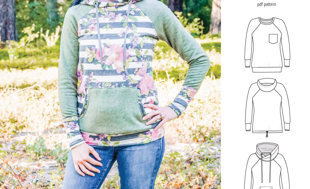 PDF sewing pattern Raglan sweatshirt sweater hoodie for women with kangaroo pocket, hood, cowl and drawstrings