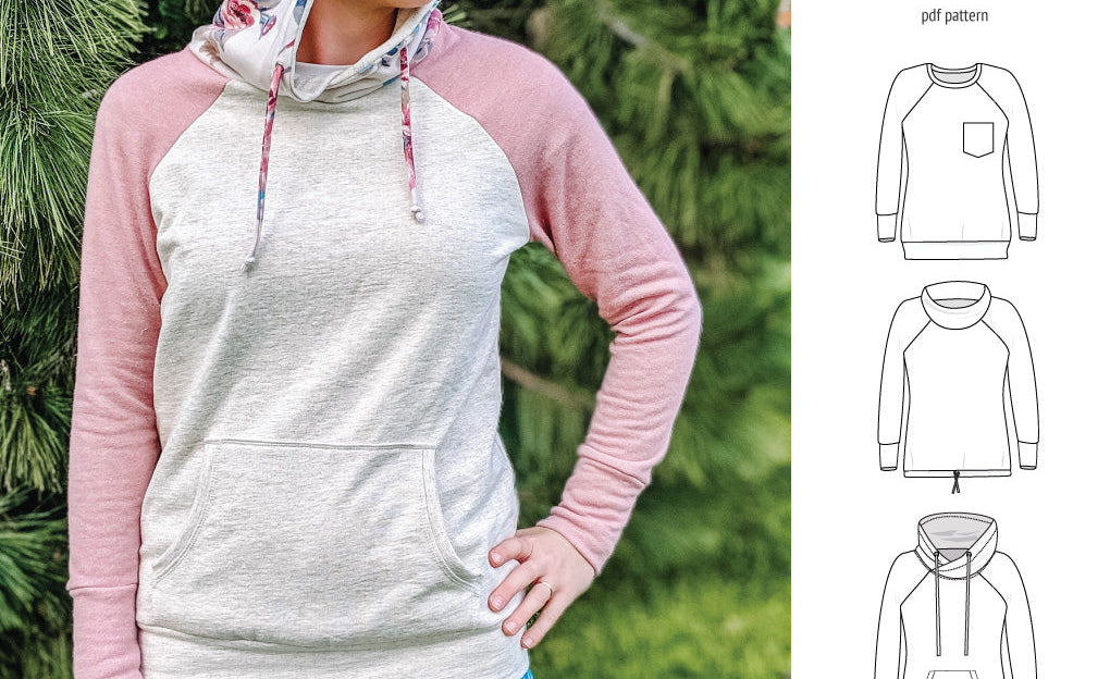 PDF sewing pattern Raglan sweatshirt sweater hoodie for women with kangaroo pocket, hood, cowl and drawstrings