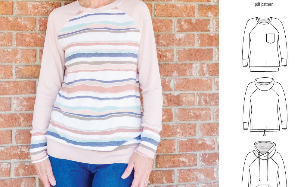 PDF sewing pattern Raglan sweatshirt sweater hoodie for women with kangaroo pocket, hood, cowl and drawstrings