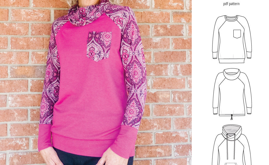 PDF sewing pattern Raglan sweatshirt sweater hoodie for women with kangaroo pocket, hood, cowl and drawstrings