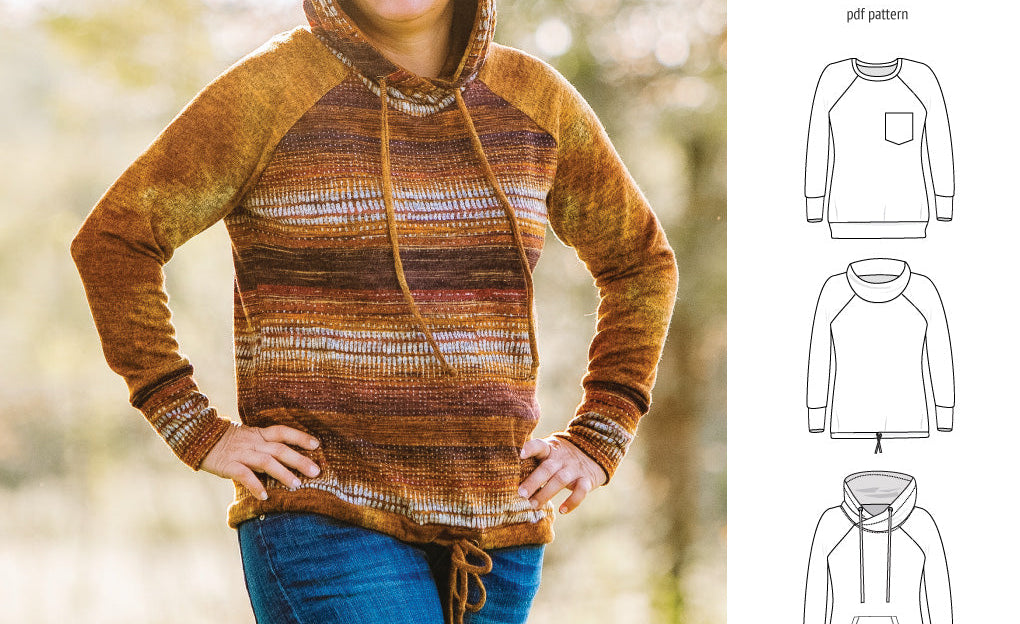 PDF sewing pattern Raglan sweatshirt sweater hoodie for women with kangaroo pocket, hood, cowl and drawstrings