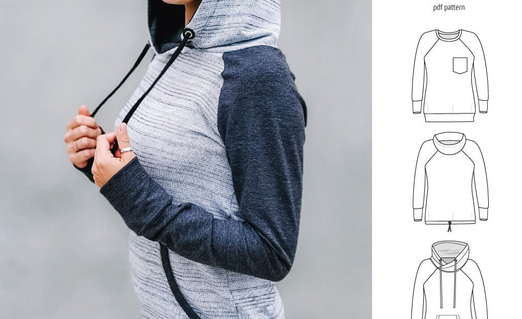 PDF sewing pattern Raglan sweatshirt sweater hoodie for women with kangaroo pocket, hood, cowl and drawstrings