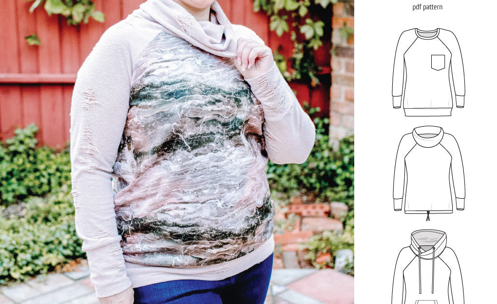 PDF sewing pattern Raglan sweatshirt sweater hoodie for women with kangaroo pocket, hood, cowl and drawstrings