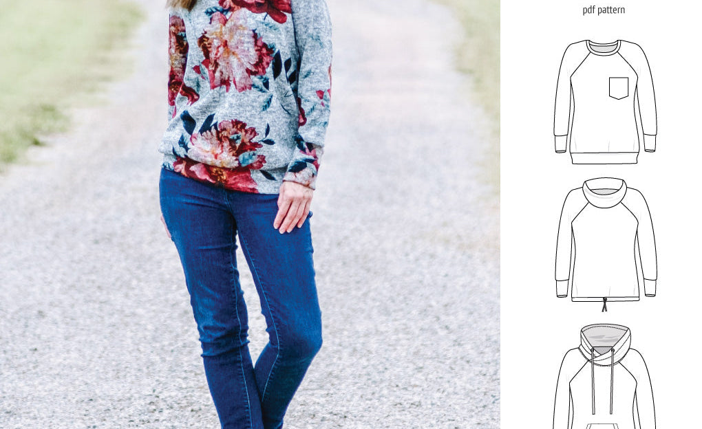 PDF sewing pattern Raglan sweatshirt sweater hoodie for women with kangaroo pocket, hood, cowl and drawstrings