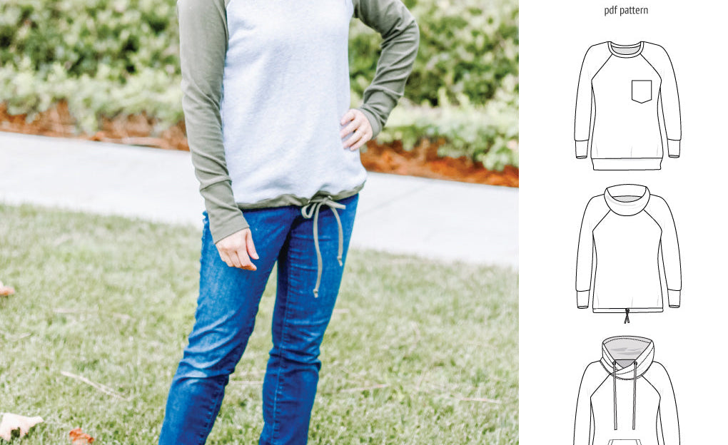 PDF sewing pattern Raglan sweatshirt sweater hoodie for women with kangaroo pocket, hood, cowl and drawstrings