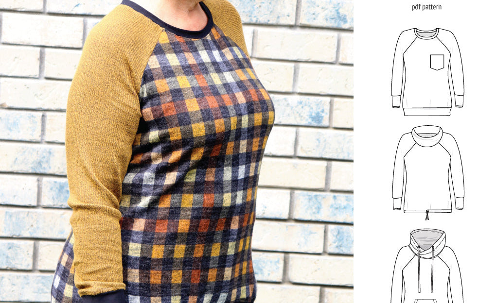 PDF sewing pattern Raglan sweatshirt sweater hoodie for women with kangaroo pocket, hood, cowl and drawstrings