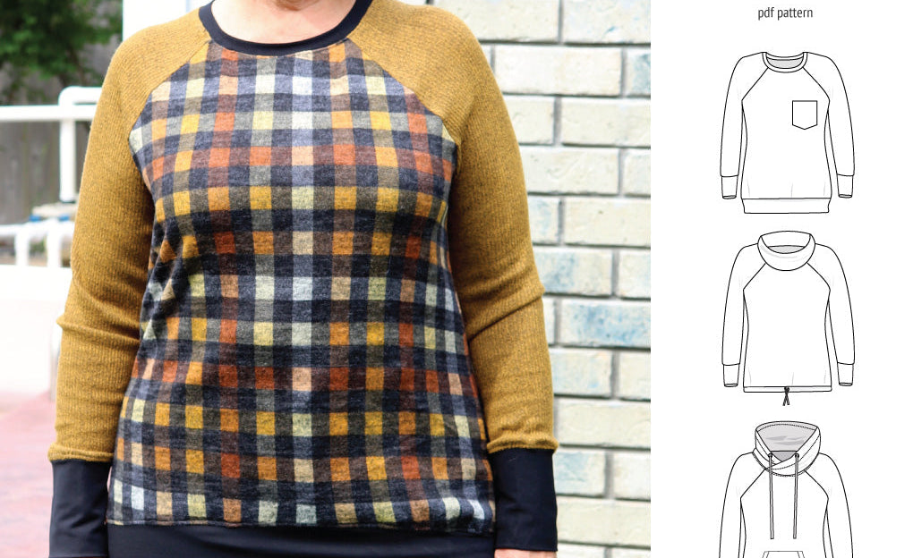 PDF sewing pattern Raglan sweatshirt sweater hoodie for women with kangaroo pocket, hood, cowl and drawstrings