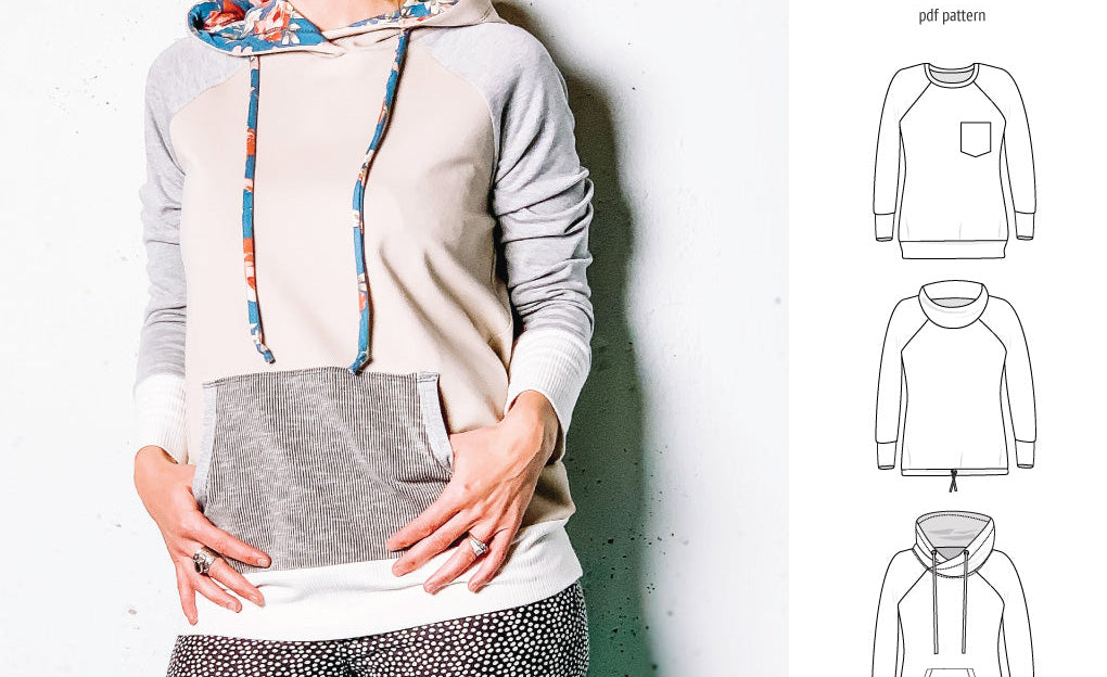 PDF sewing pattern Raglan sweatshirt sweater hoodie for women with kangaroo pocket, hood, cowl and drawstrings