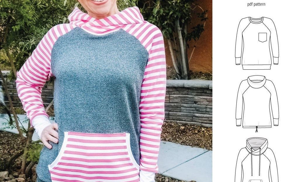 PDF sewing pattern Raglan sweatshirt sweater hoodie for women with kangaroo pocket, hood, cowl and drawstrings