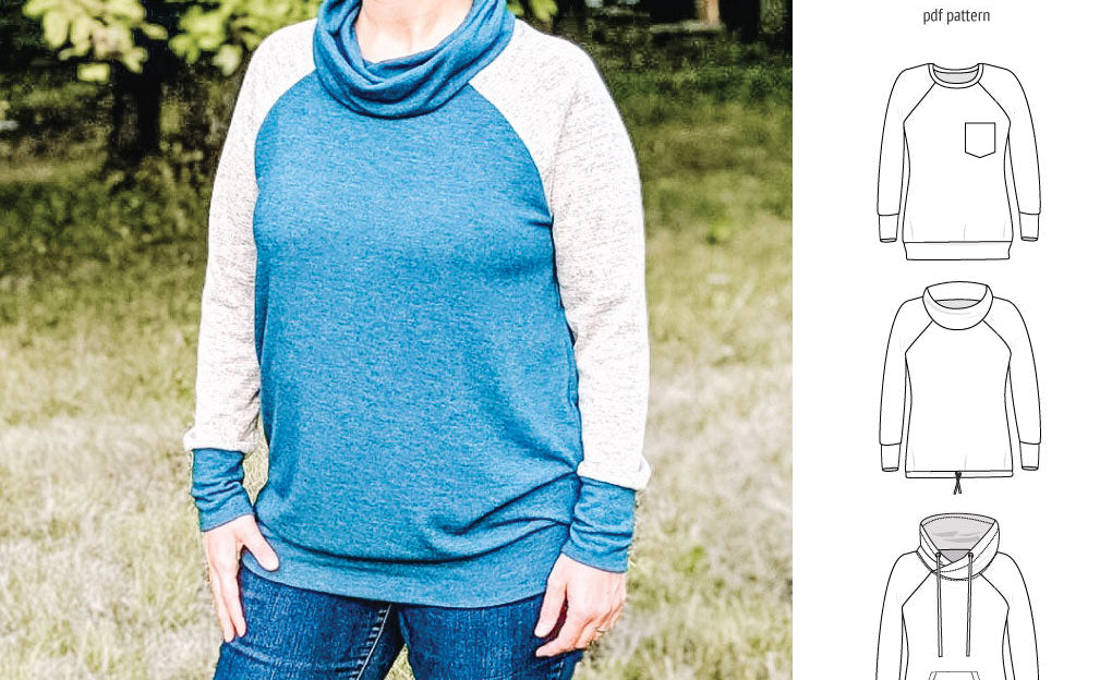 PDF sewing pattern Raglan sweatshirt sweater hoodie for women with kangaroo pocket, hood, cowl and drawstrings