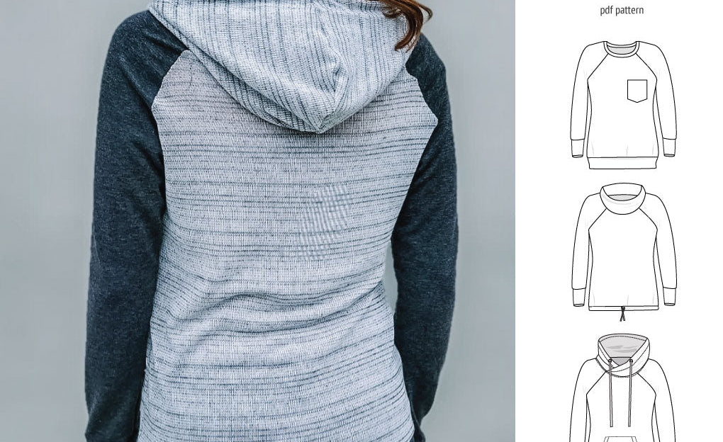 PDF sewing pattern Raglan sweatshirt sweater hoodie for women with kangaroo pocket, hood, cowl and drawstrings