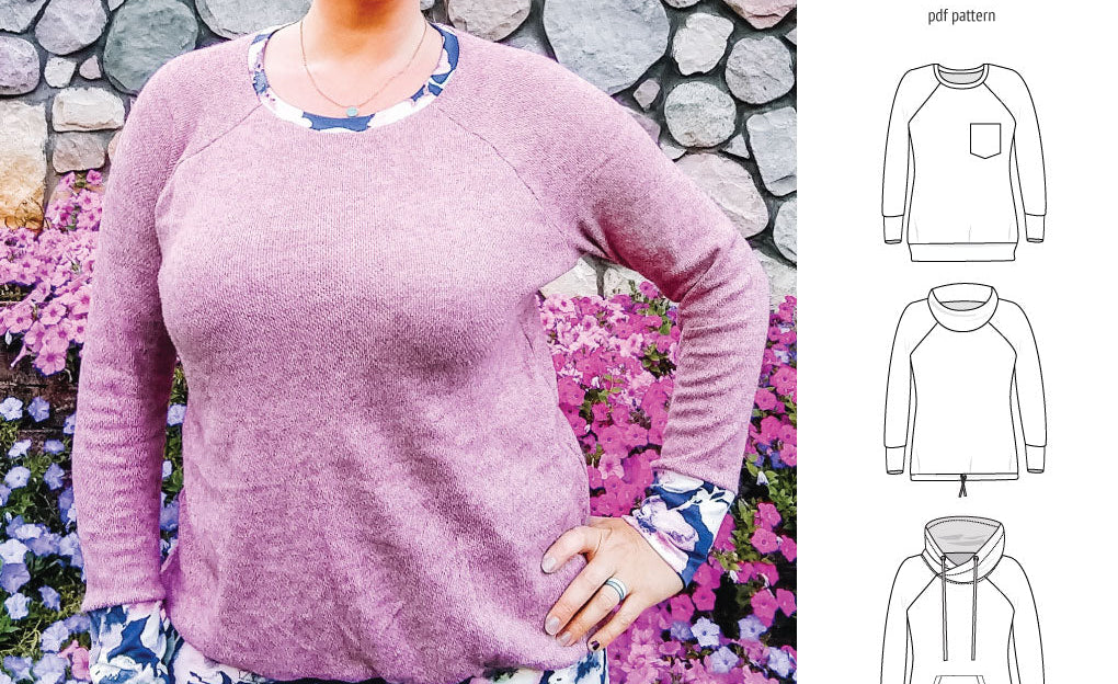 PDF sewing pattern Raglan sweatshirt sweater hoodie for women with kangaroo pocket, hood, cowl and drawstrings