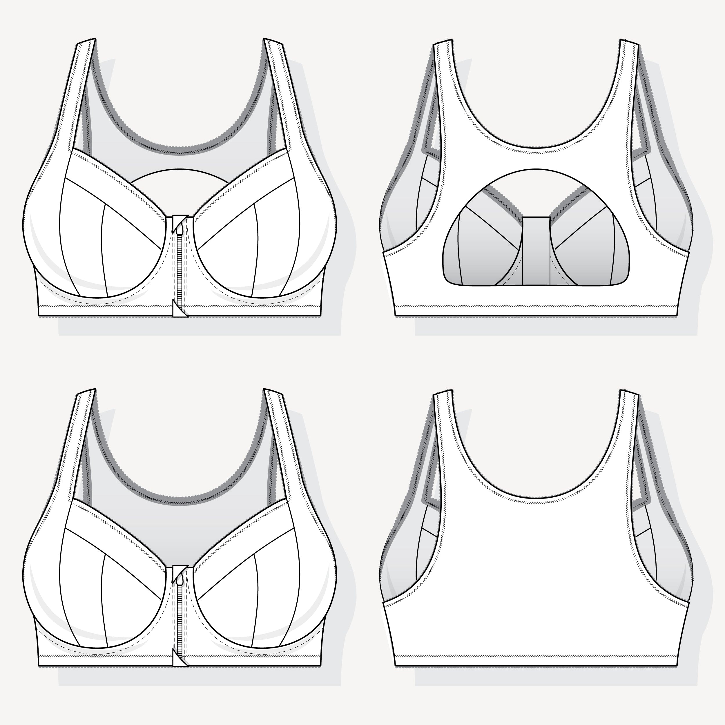 Technical drawings of a sports bra from multiple angles on a white background. This is the Somerville Sports Bra sewing pattern from Cashmerette.