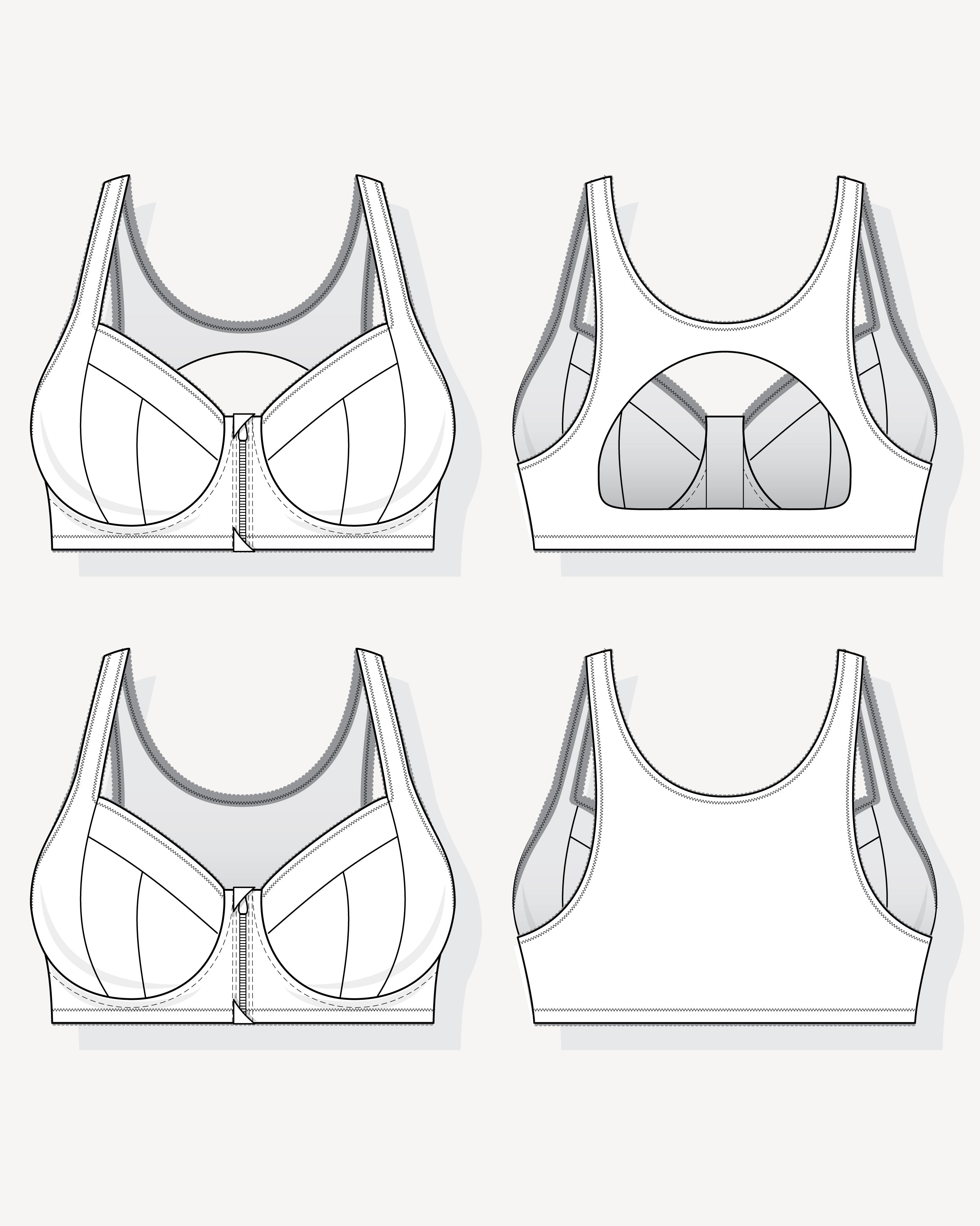 Technical drawings of a sports bra from multiple angles on a white background. This is the Somerville Sports Bra sewing pattern from Cashmerette.