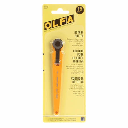 OLFA small rotary cutter, 18 mm blade with yellow handle.