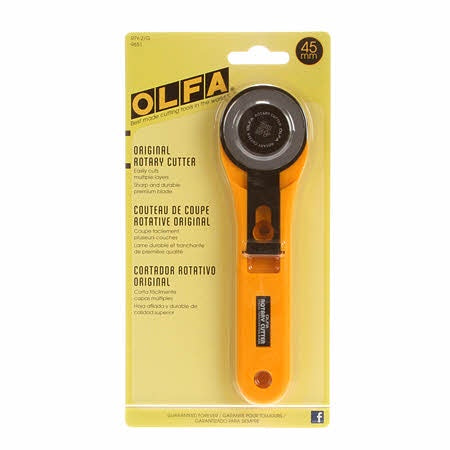 OLFA 45 mm rotary cutter in the original handle design in yellow.