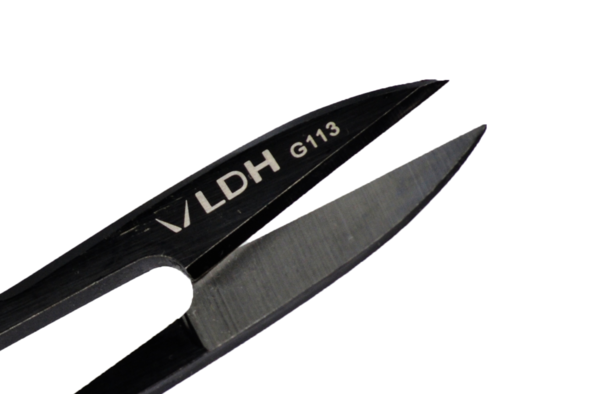One-piece thread snips in black from LDH, blade detail image.