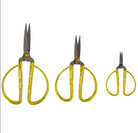 Three sizes of gold handled embroidery scissors.