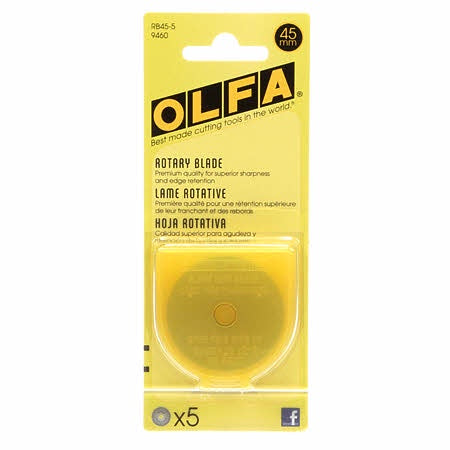 OLFA rotary blade replacement 45mm 5 pack in plastic case.