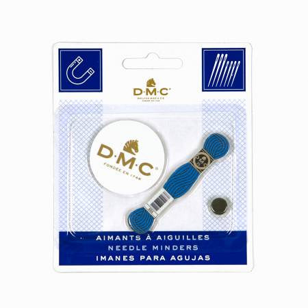 DMC needle minders, one circle one shaped like embroidery skein.