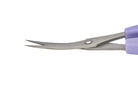 Curved blade embroidery scissor with purple handle, blade detail.