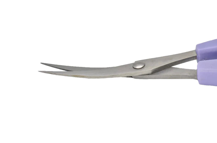 Curved blade embroidery scissor with purple handle, blade detail.