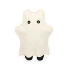 White plush ghost toy with black eyes on a white background