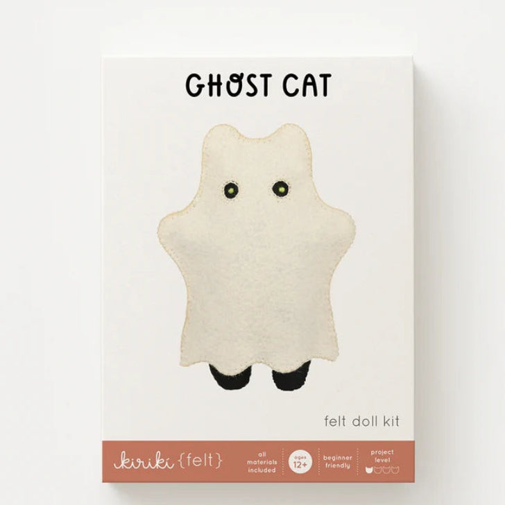 Package of a felt doll kit shaped like a ghost cat on a white background