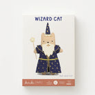 Wizard cat felt doll kit packaging with a cat dressed as a wizard on a white background