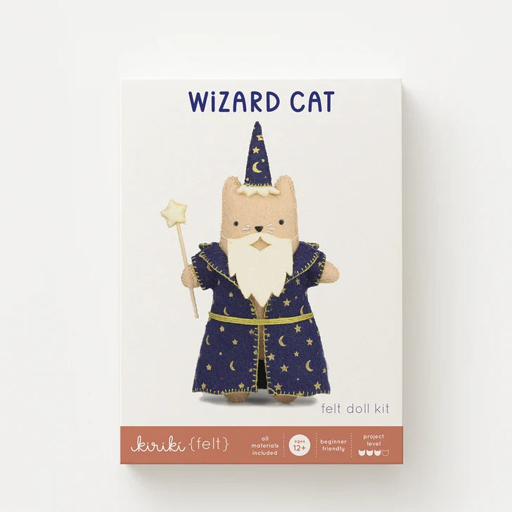 Wizard cat felt doll kit packaging with a cat dressed as a wizard on a white background