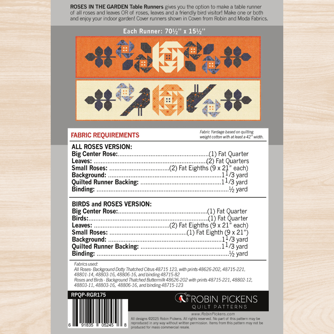 Back cover of a Robin Pickens Quilting Patterns book or envelope on a light wood background, showing a fabric requirements list and a small quilt pattern preview with floral table runners.