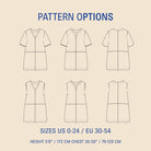 Pattern options for a dress with various views on a beige background