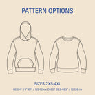 Outline of a hoodie and a sweatshirt with pattern options and size information on a beige background.